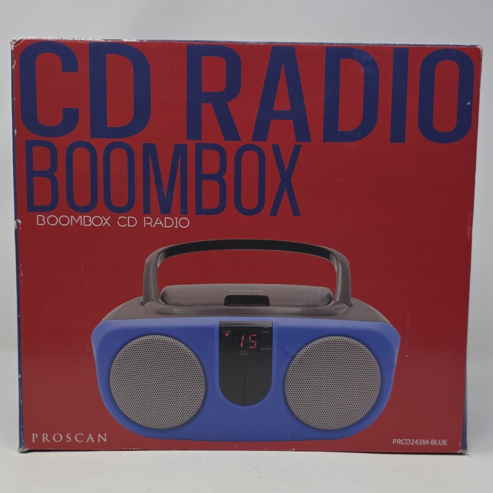 Proscan PRCD243M CD Boombox AM/FM LED Display AUX Headphone Jack Blue/Black